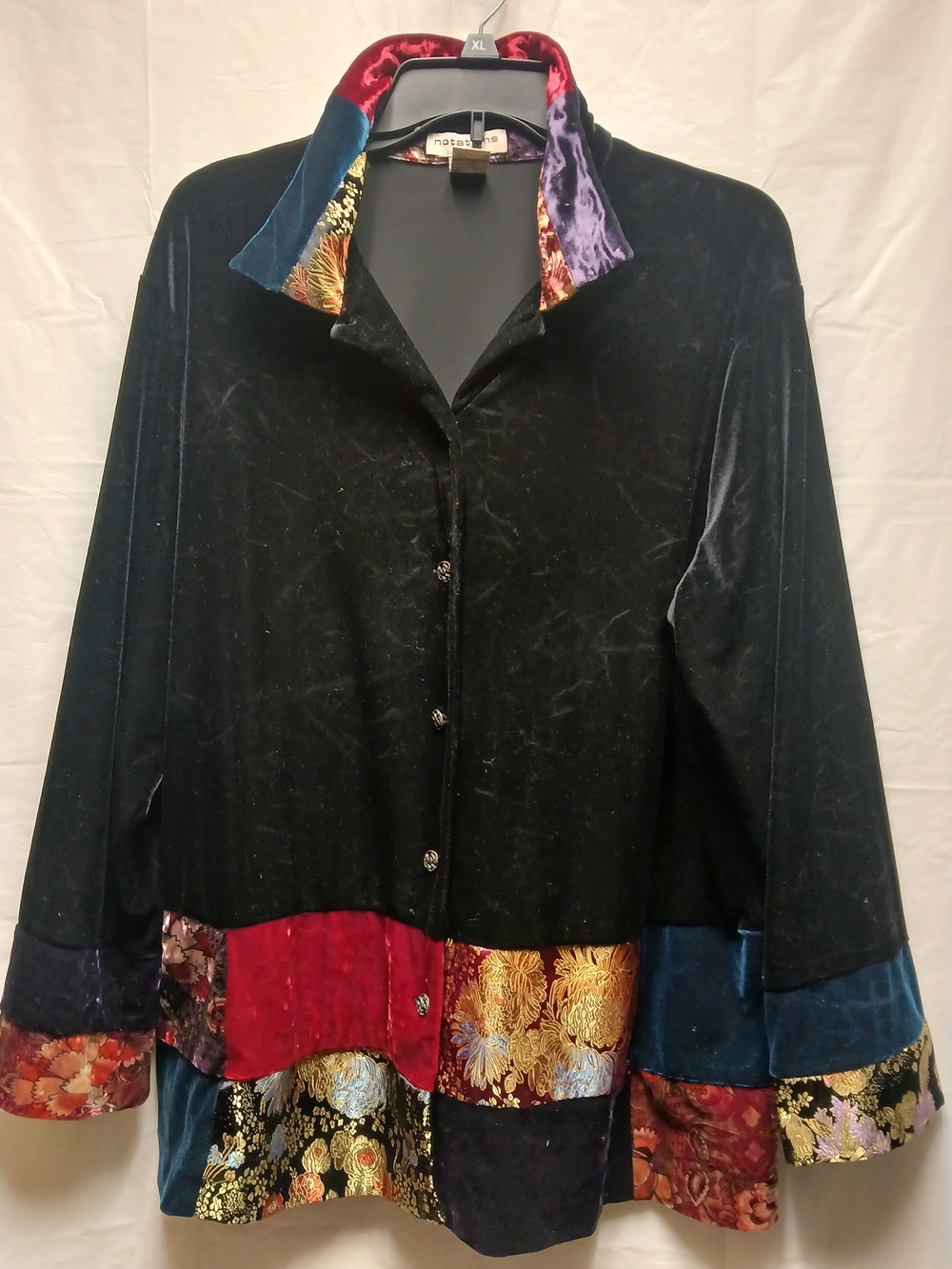 Notations Velvet Button-Front Black Top with Multicolor Trim